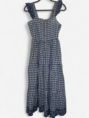 Shabby Chic Blue Gingham Button-Front Maxi Dress with Lace Straps